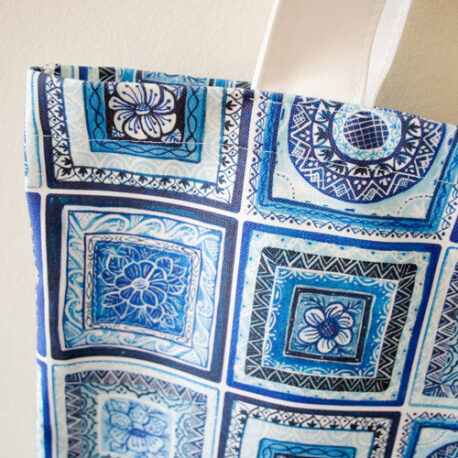 Close up of Made by Ilze's blue and white Portugal Tiles shopping bag
