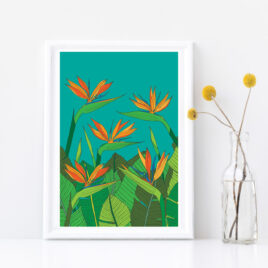 Tropical bird of paradise flower print in oranges