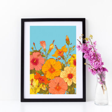 NEW Retro Cali Sunset Art Prints with tropical hibiscus