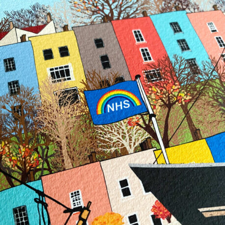 Bristol Harbour art print with NHS flag and colourful houses
