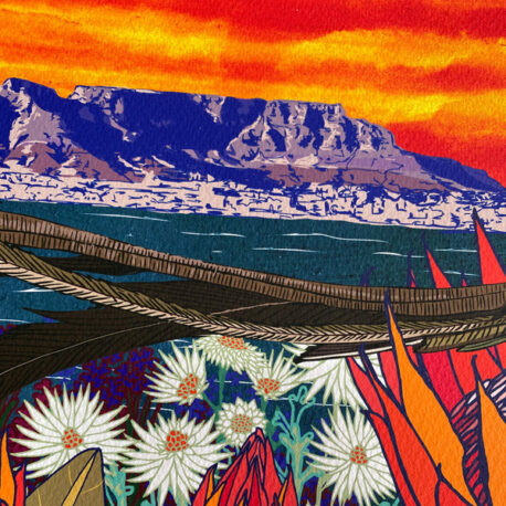 Detail of Table Mountain and fynbos flowers from Cape Town Sugarbird art print